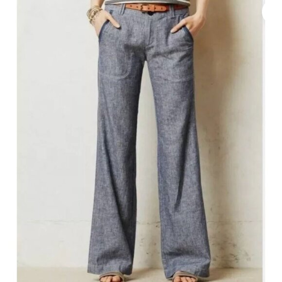 PILCRO AND THE LETTERPRESS Linen Blend Wide Leg Pants Women's 0P Heather Blue - Picture 1 of 14